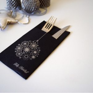 Caja 480 Servilletas Kanguro Negro 40x40 PP Deco. Bola Plata Navidad